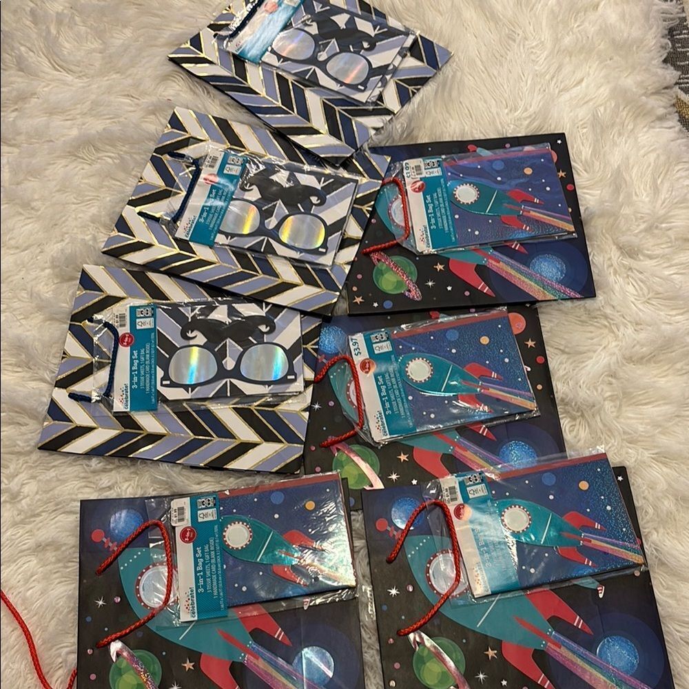 Bundle of SEVEN Themed Gift Bags, tissue & cards.  Birthday Ready!!